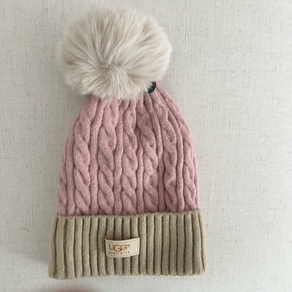 UGG Accessories - UGG pink and tan faux fur Pom Pom beanie